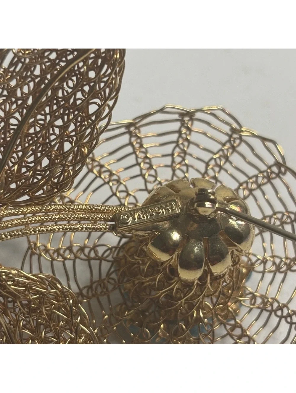 Vintage Vendome Signed Large Faux Turquoise Rhinestone Gold Tone Mesh Brooch